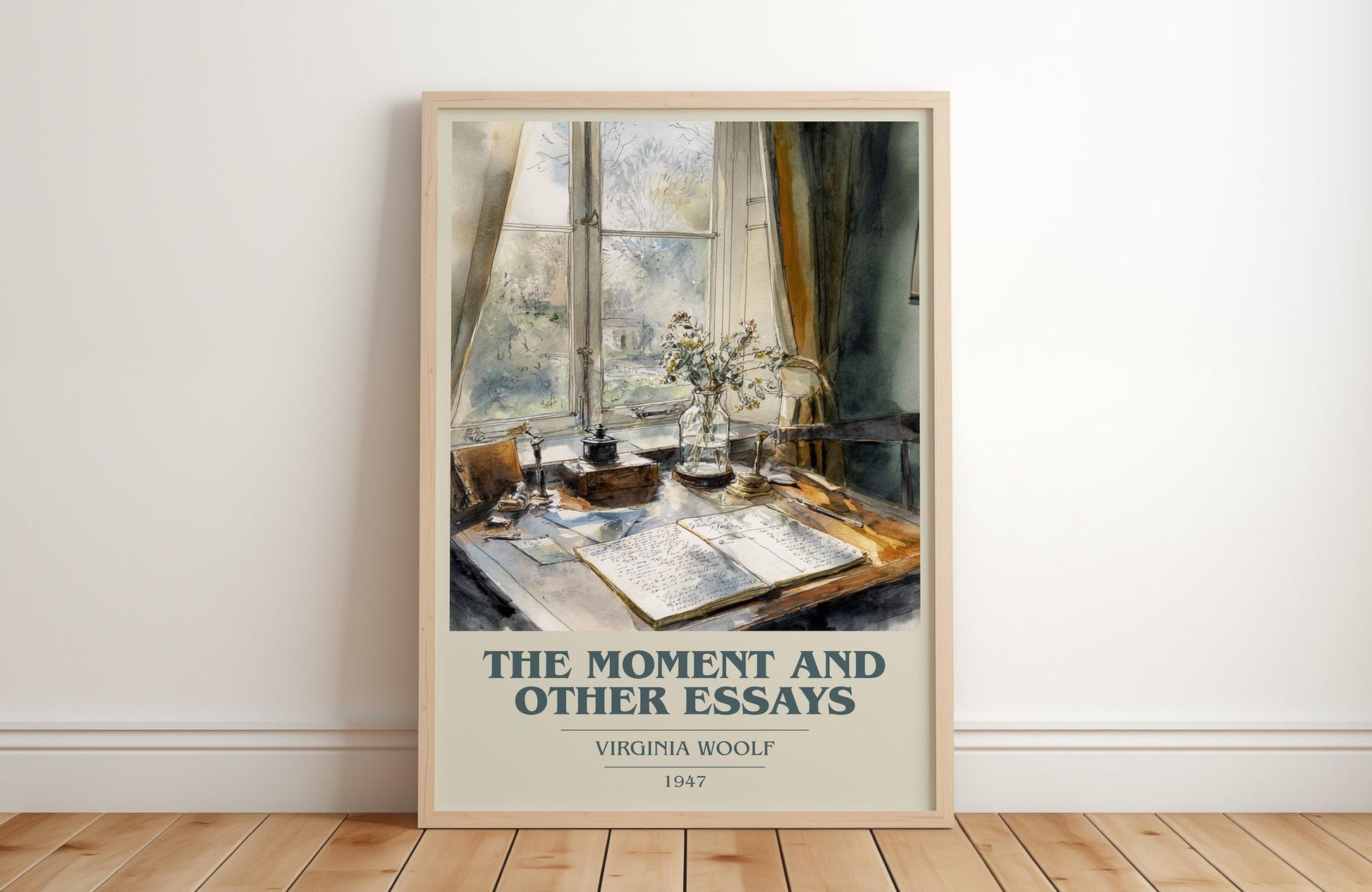 The Moment And Other Essays book cover print in frame leaning in hallway – literary fiction wall art