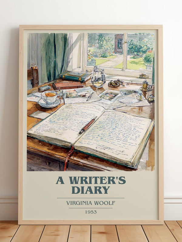A Writer's Diary book cover print in frame leaning in hallway – non fiction wall art