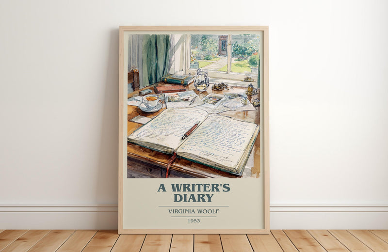 A Writer's Diary book cover print in frame leaning in hallway – non fiction wall art