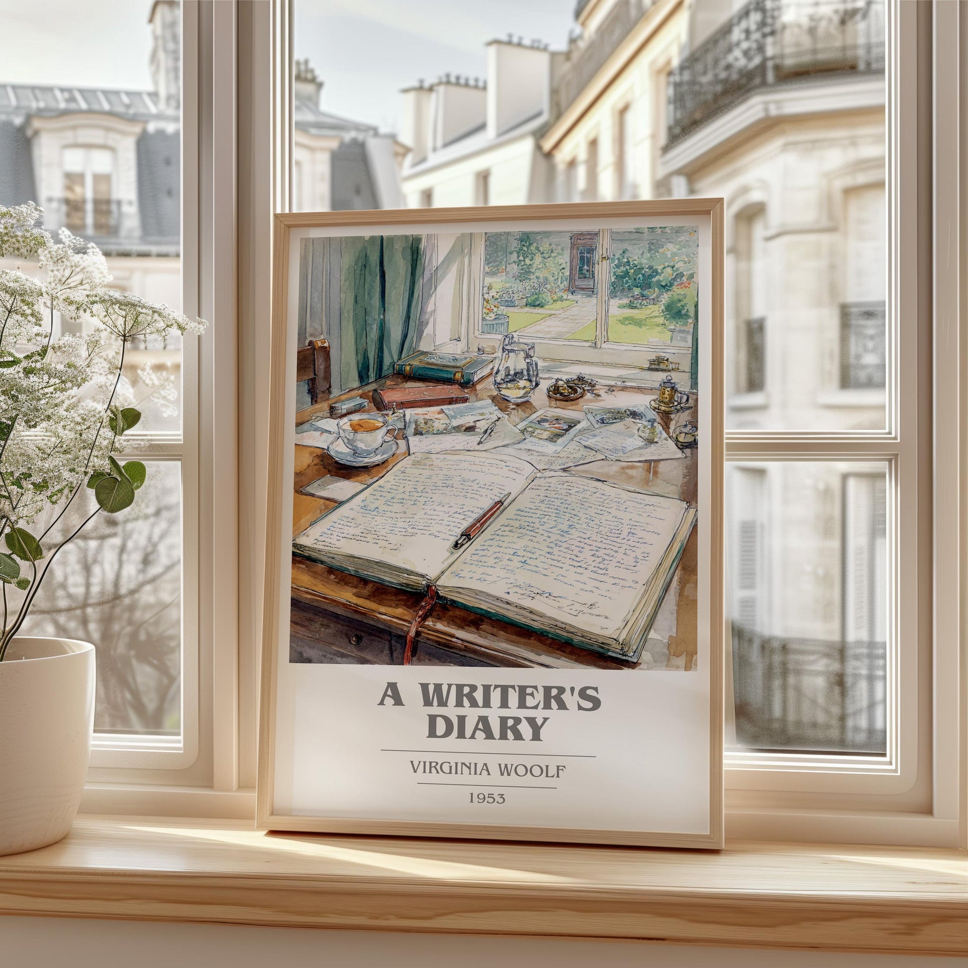 A Writer's Diary book cover print framed by window – literary home decor