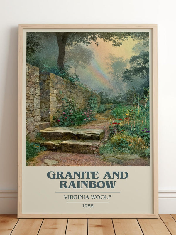 Granite and Rainbow book cover print in frame leaning in hallway – non fiction wall art