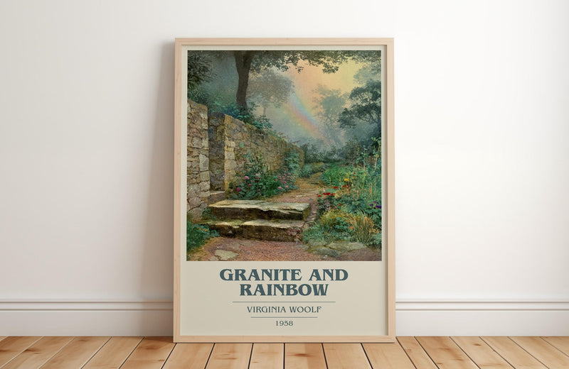Granite and Rainbow book cover print in frame leaning in hallway – non fiction wall art