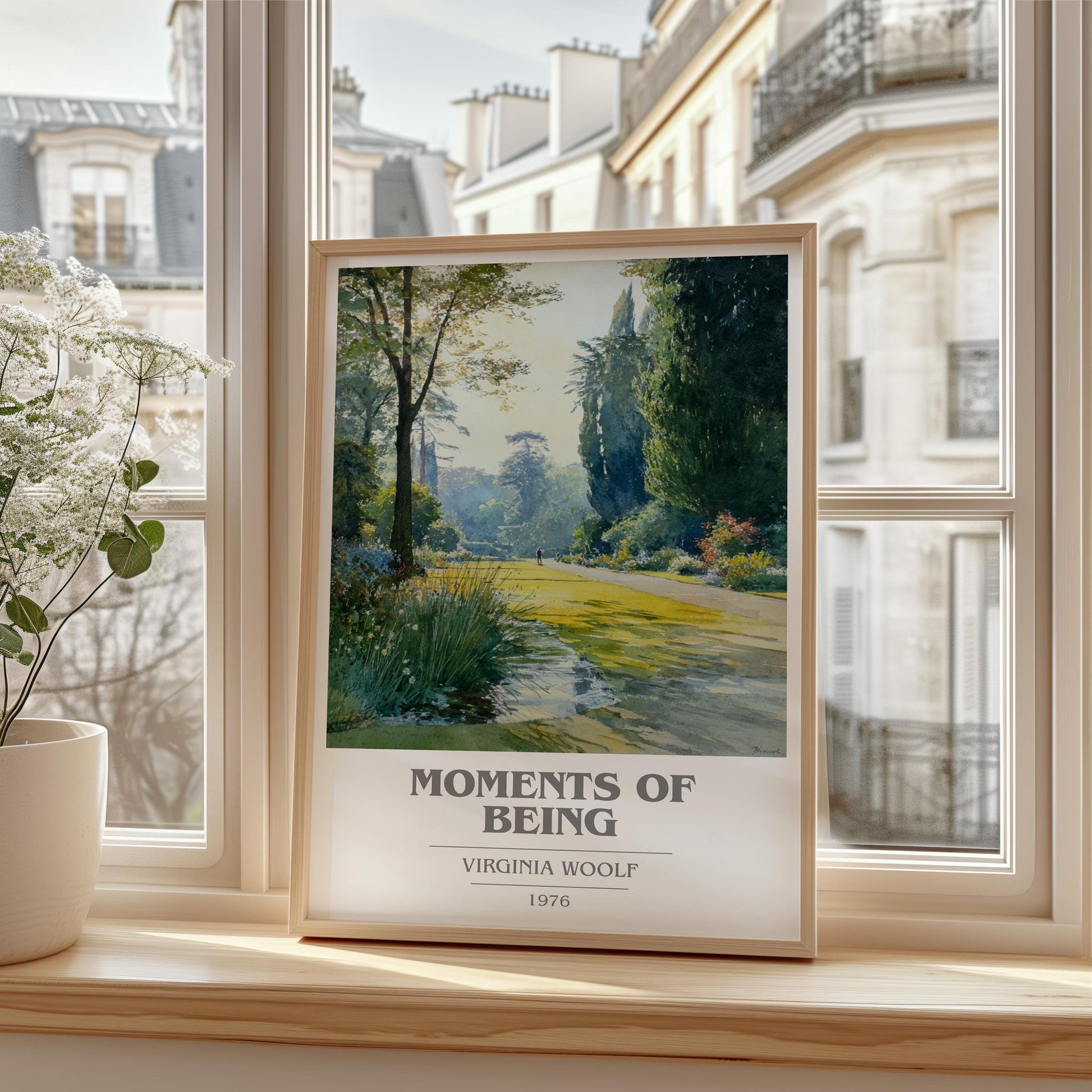 Moments of Being book cover print framed by window – literary home decor