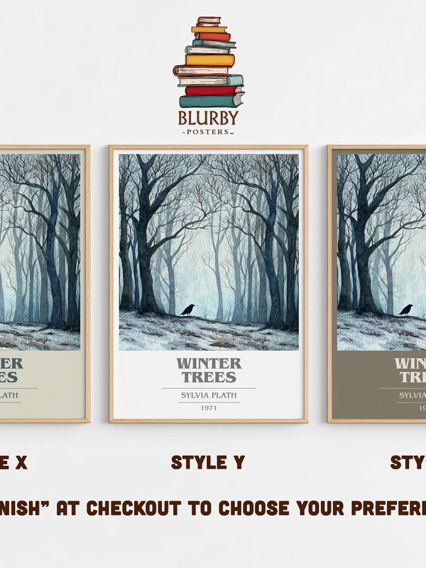 Winter Trees book cover print in frame leaning in hallway – poetry wall art