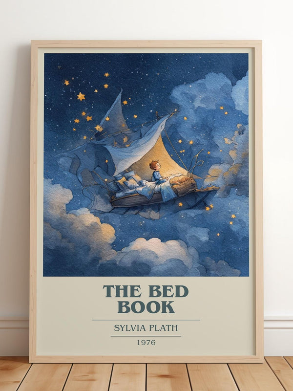 The Bed Book book cover print in frame leaning in hallway – memoir wall art