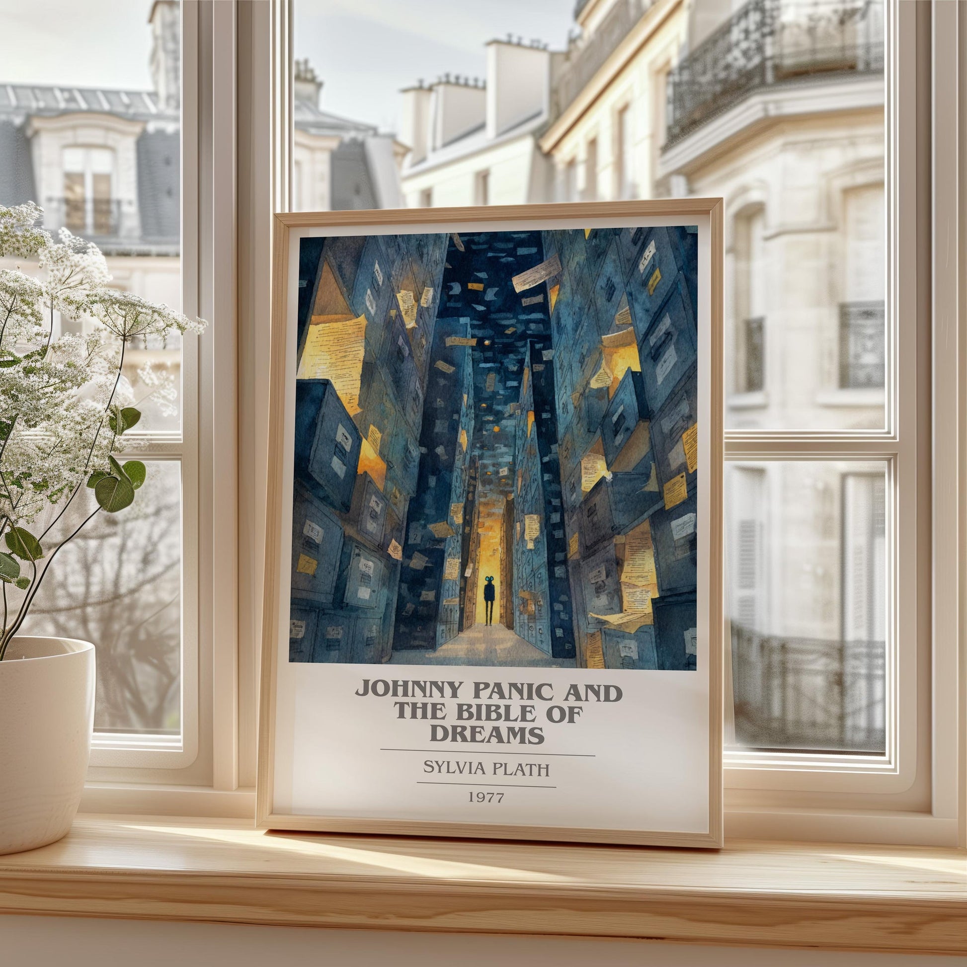 Johnny Panic And The Bible Of Dreams book cover print framed by window – literary home decor