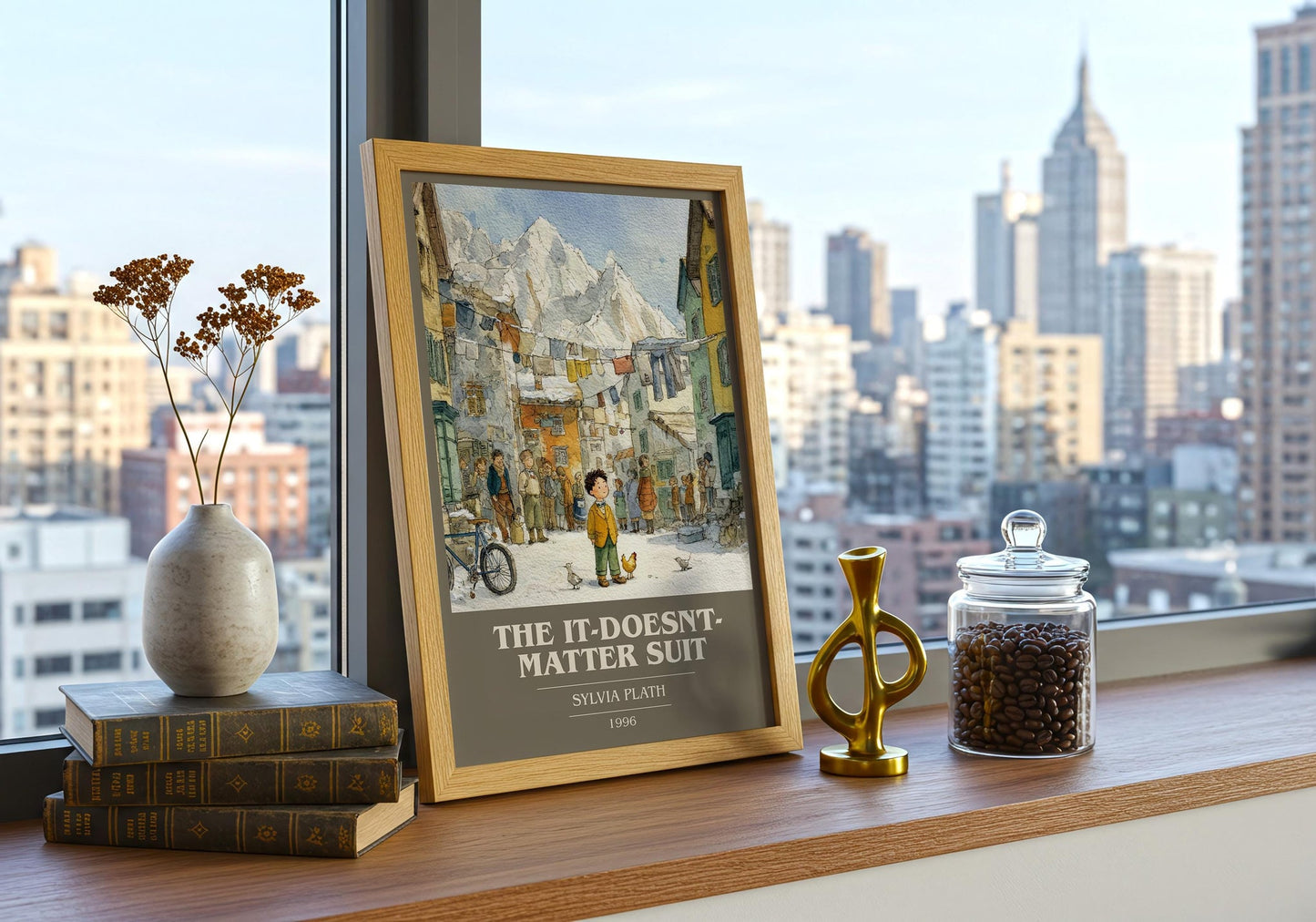 The It-Doesn't-Matter Suit book cover print framed by window – literary home decor