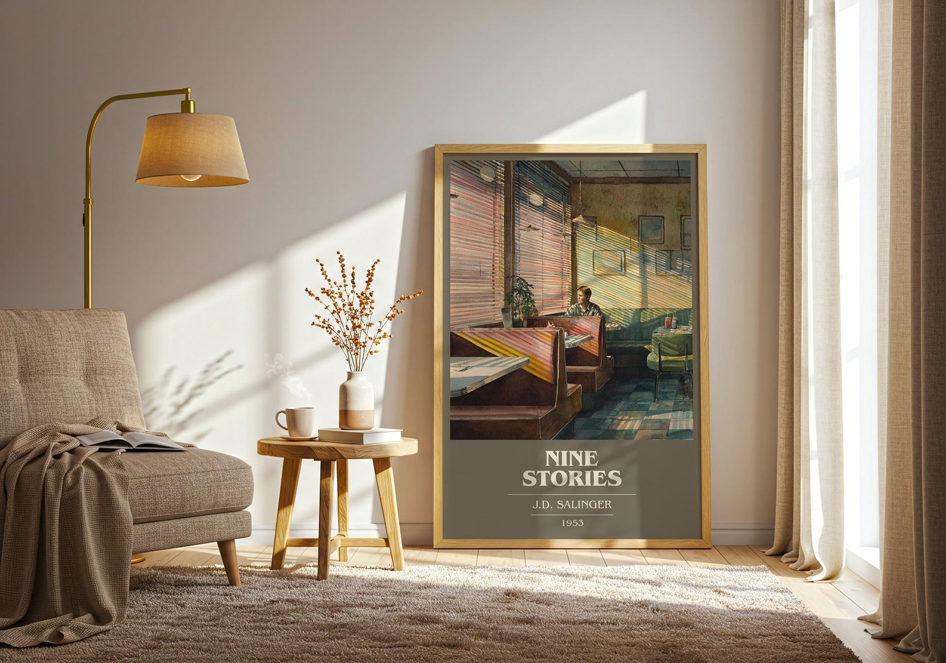Nine Stories book cover print on bookshelf – J. D. Salinger fan gift
