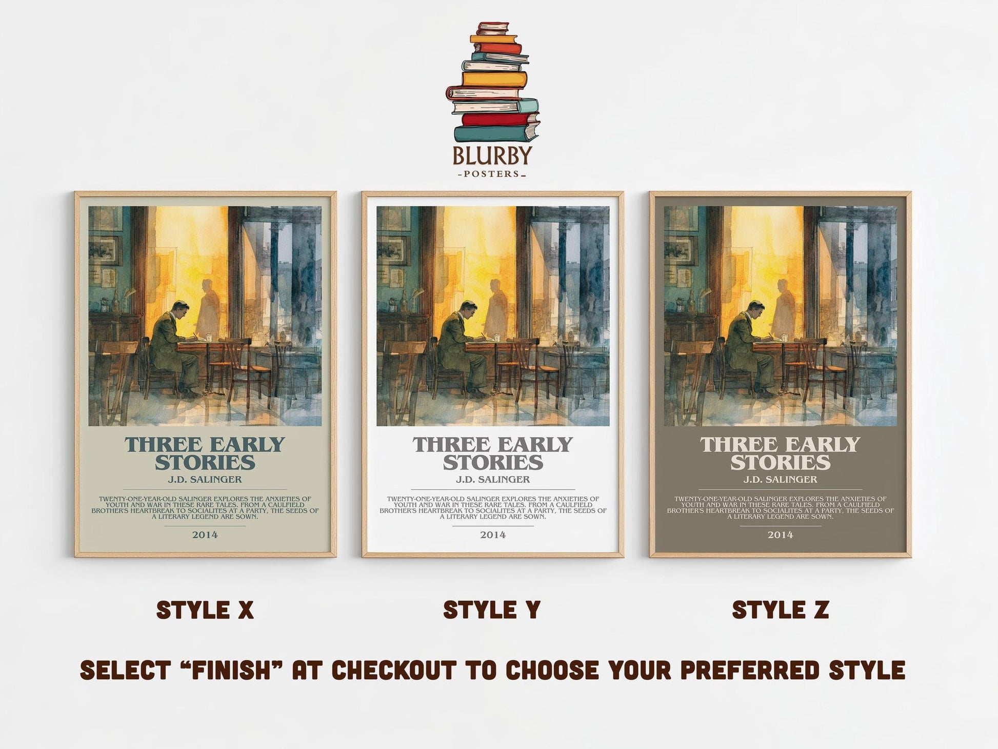 Three Early Stories bookish poster colour and style options – J. D. Salinger book art