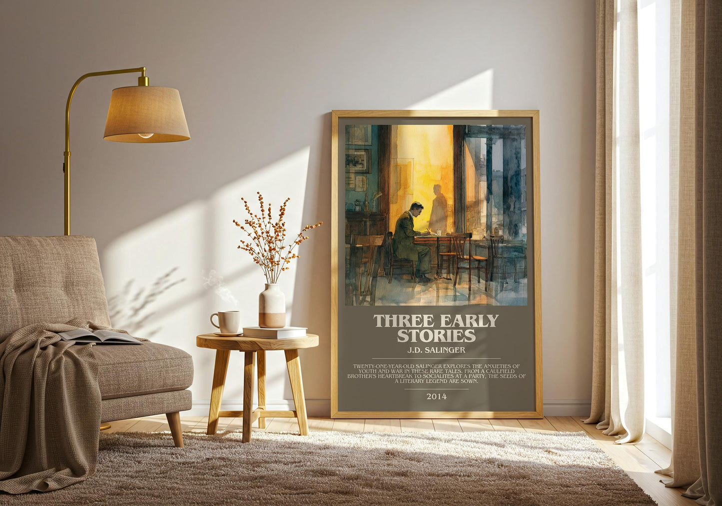 Three Early Stories bookish print on bookshelf – J. D. Salinger fan gift