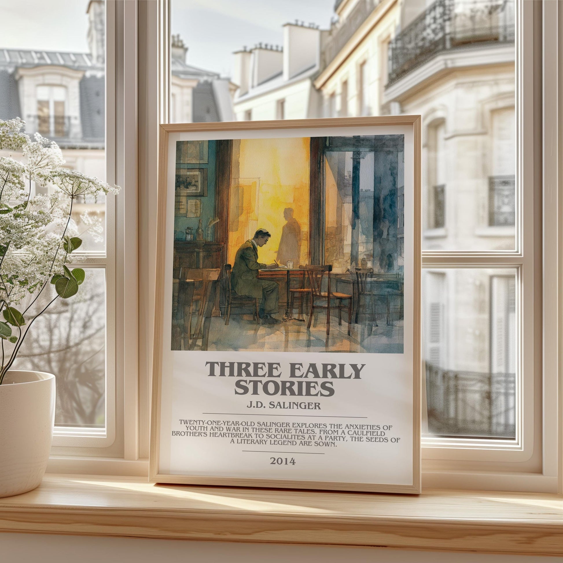 Three Early Stories bookish print framed by window – literary home decor