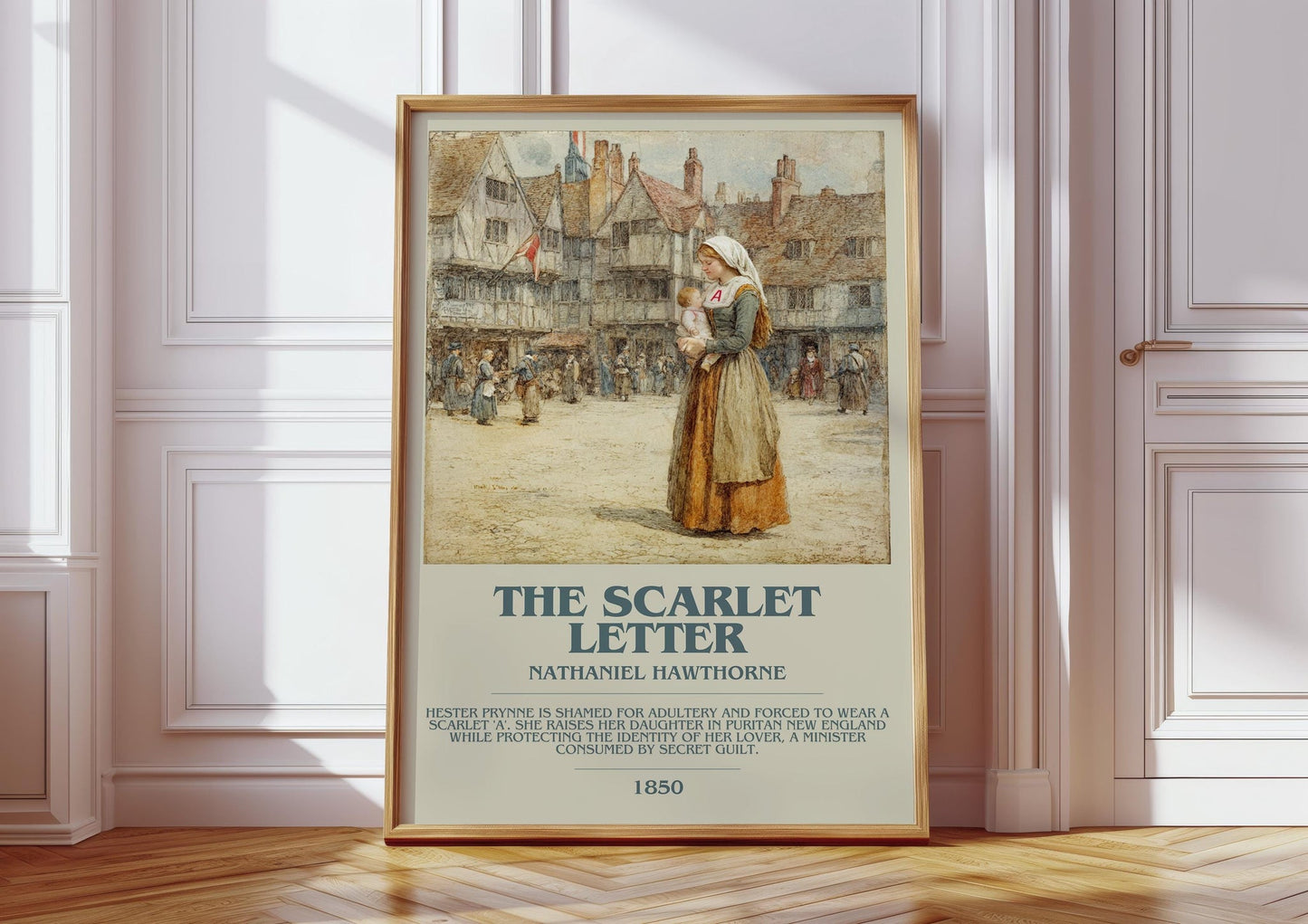 The Scarlet Letter bookish print in frame leaning in hallway – classic literature wall art
