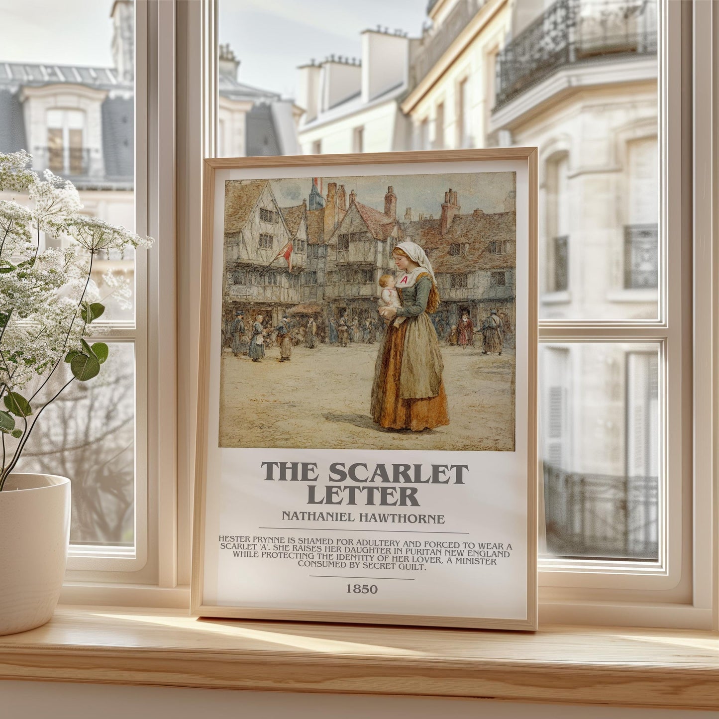 The Scarlet Letter bookish print framed by window – literary home decor
