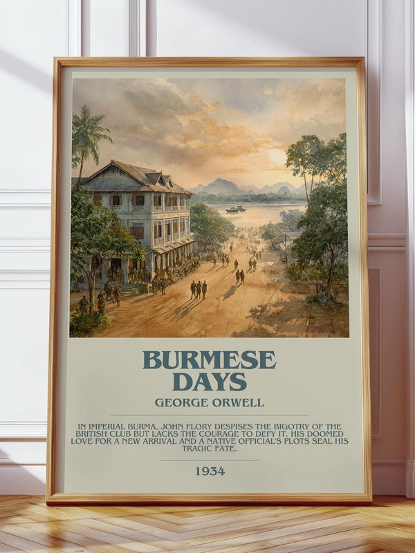 Burmese Days bookish print in frame leaning in hallway – memoir wall art