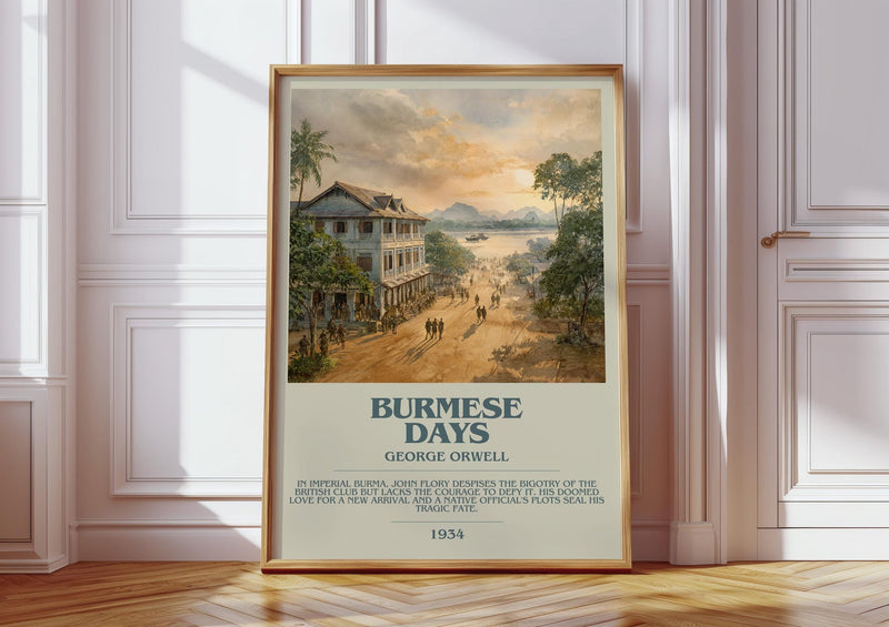 Burmese Days bookish print in frame leaning in hallway – memoir wall art