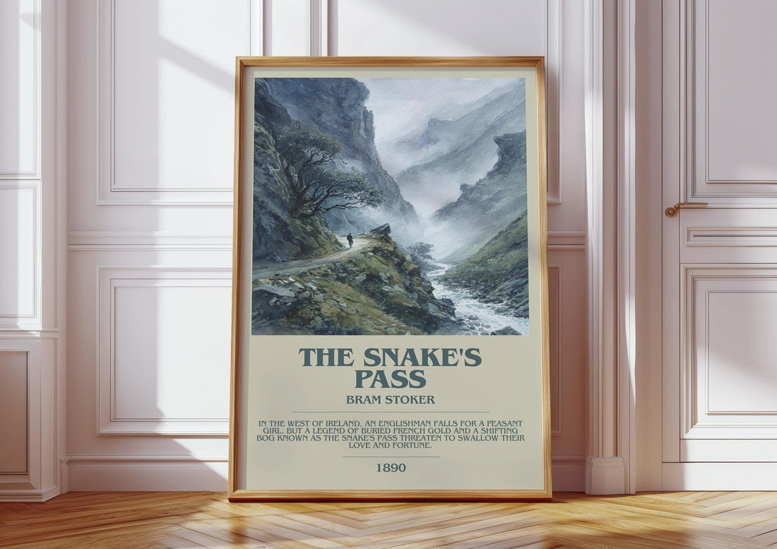 The Snake's Pass bookish print in frame leaning in hallway – gothic wall art (mockup)
