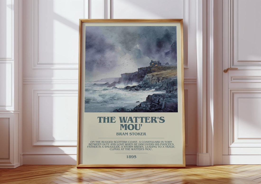 The Watter's Mou' bookish print in frame leaning in hallway – gothic wall art (mockup)
