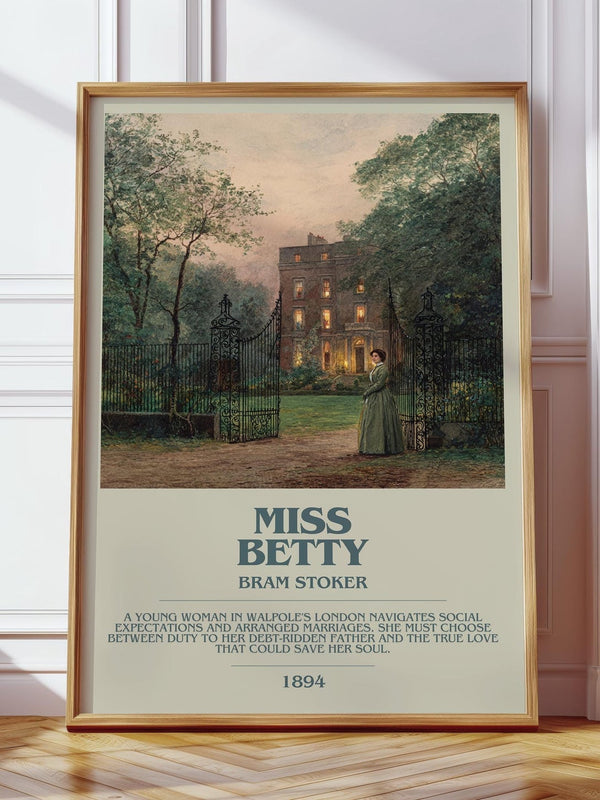 Miss Betty bookish print in frame leaning in hallway – adventure wall art