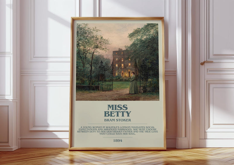 Miss Betty bookish print in frame leaning in hallway – adventure wall art