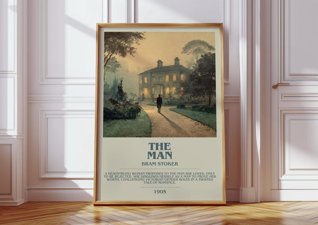 The Man bookish print in frame leaning in hallway – gothic wall art (mockup)