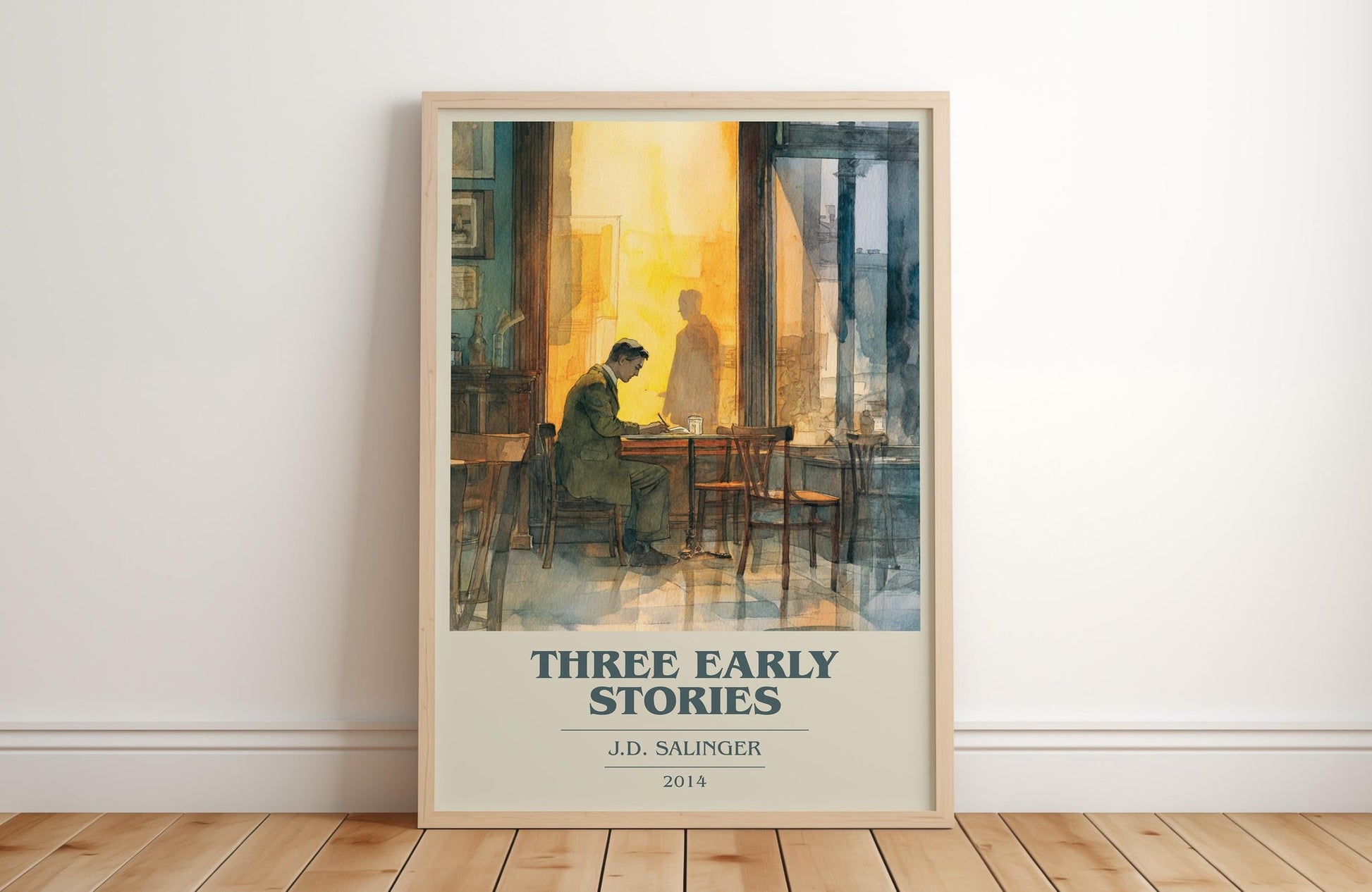 Three Early Stories book cover print in frame leaning in hallway – literary fiction wall art