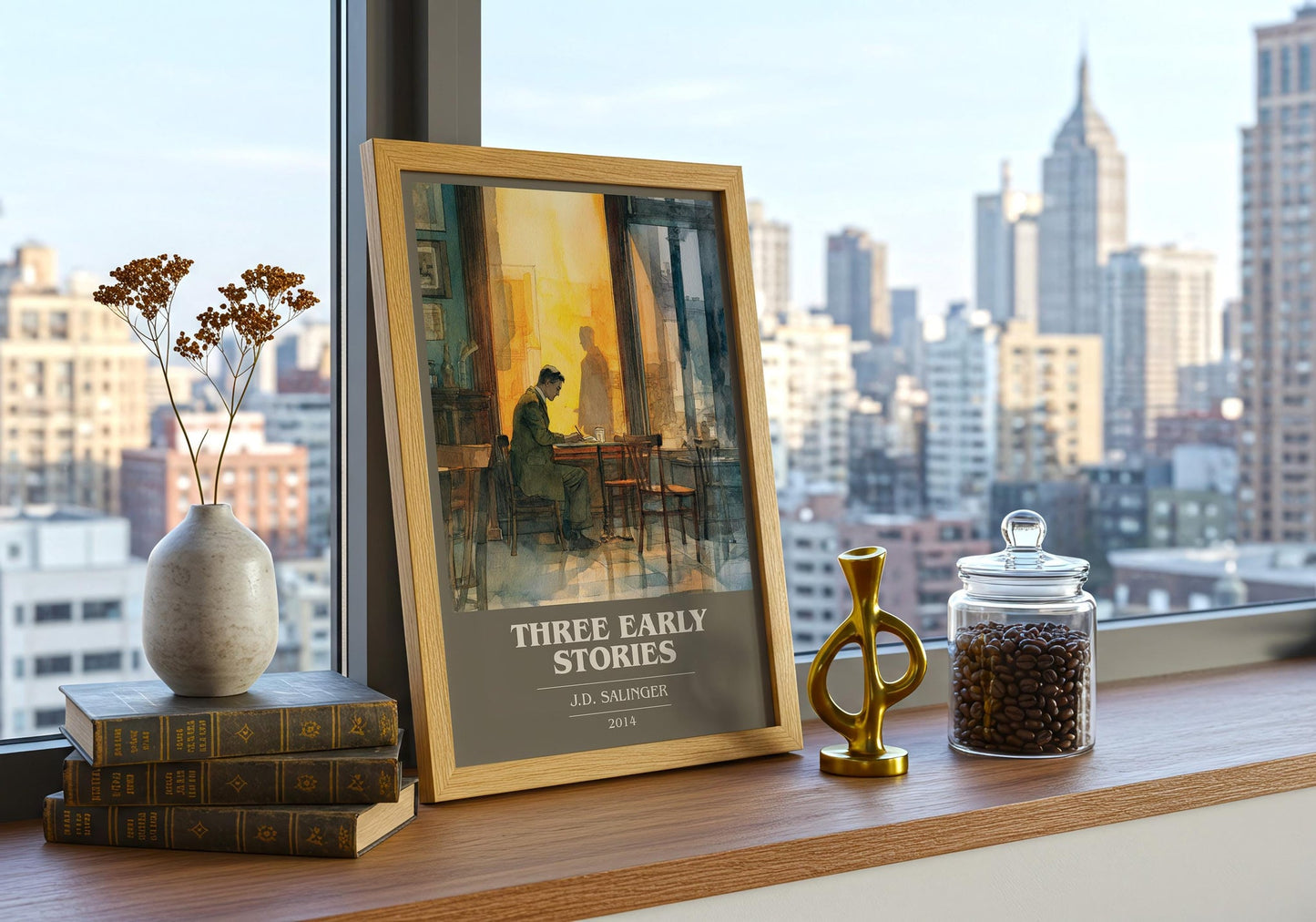 Three Early Stories book cover print framed by window – literary home decor