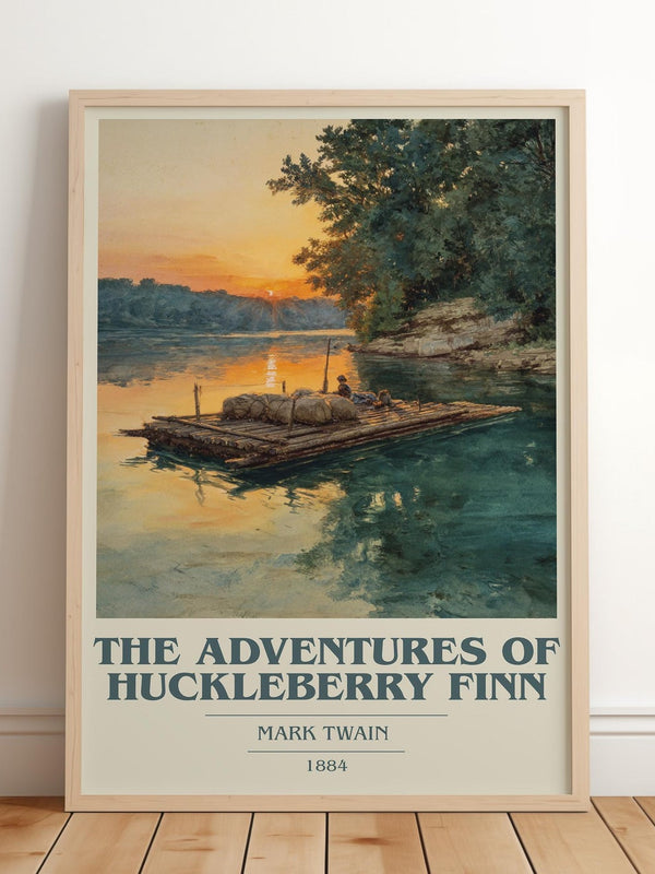 The Adventures of Huckleberry Finn book cover print in frame leaning in hallway – adventure wall art