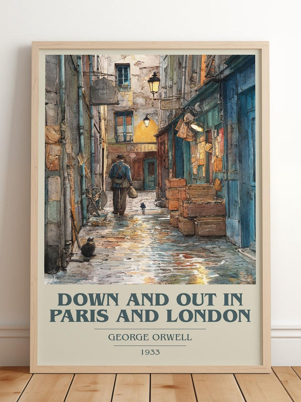 Down And Out In Paris And London book cover print in frame leaning in hallway – classic literature wall art