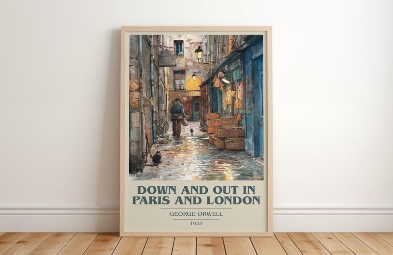 Down And Out In Paris And London book cover print in frame leaning in hallway – classic literature wall art