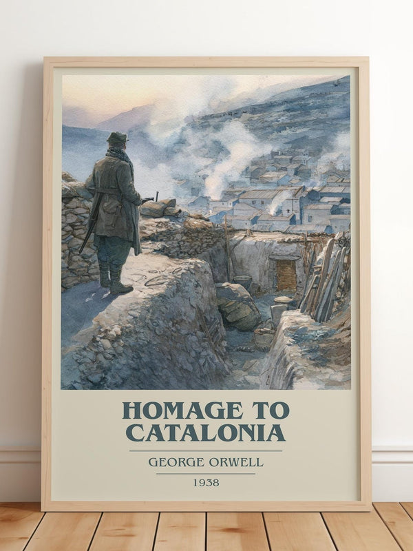 Homage to Catalonia book cover print in frame leaning in hallway – non fiction wall art