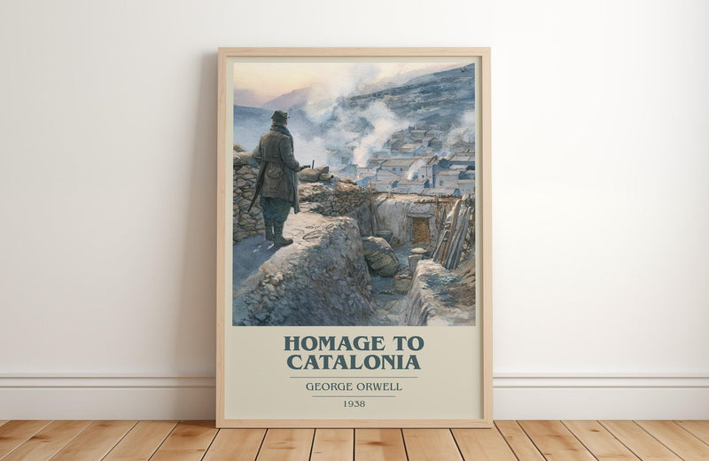 Homage to Catalonia book cover print in frame leaning in hallway – non fiction wall art