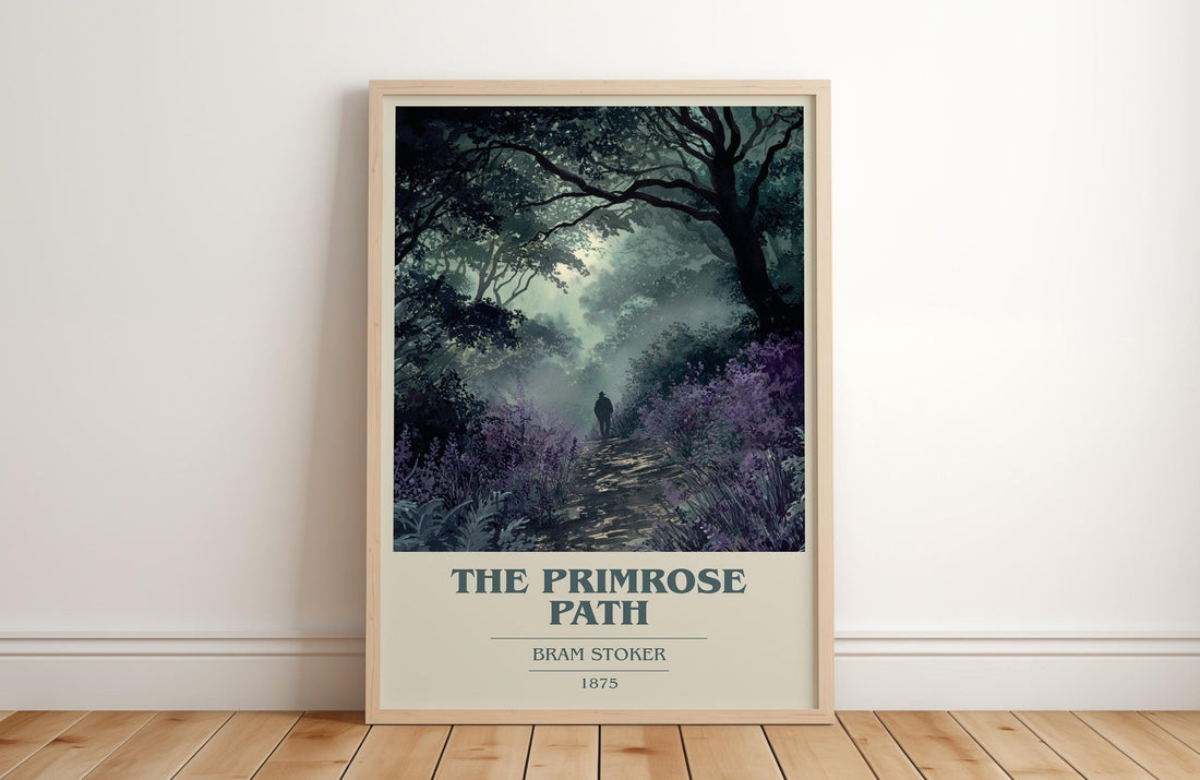 The Primrose Path book cover print in frame leaning in hallway – non fiction wall art (mockup)