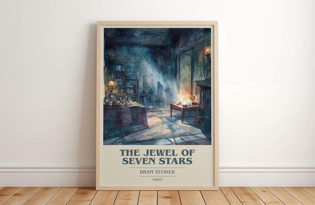 The Jewel Of Seven Stars book cover print in frame leaning in hallway – mystery wall art (mockup)