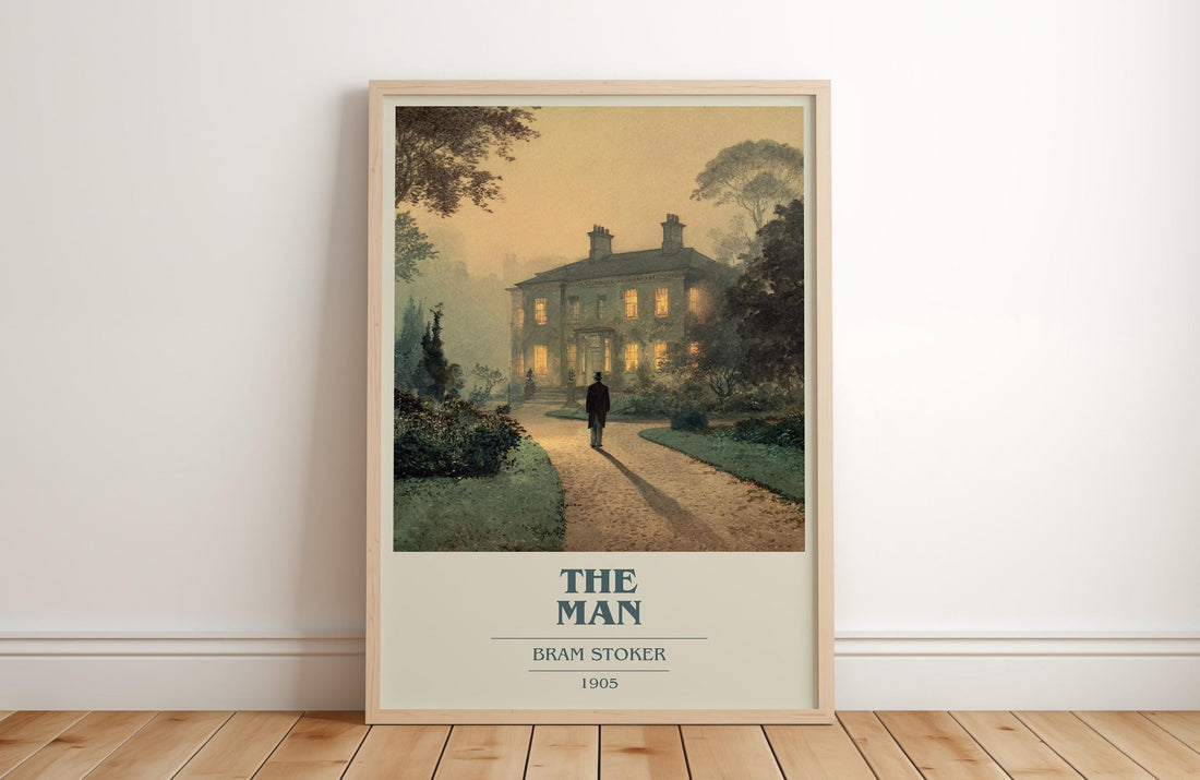The Man book cover print in frame leaning in hallway – gothic wall art (mockup)