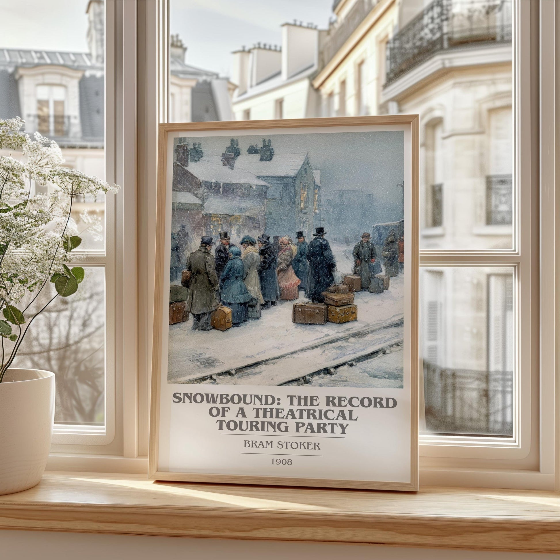 Snowbound: The Record of a Theatrical Touring Party book cover print framed by window – literary home decor