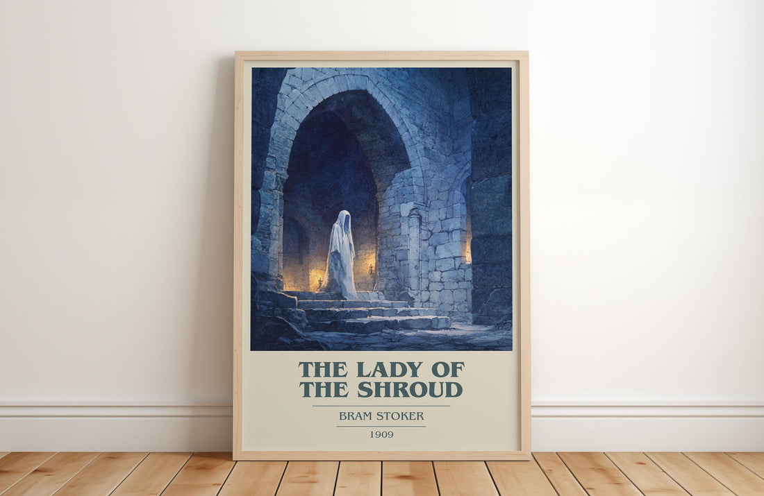 The Lady of the Shroud book cover print in frame leaning in hallway – adventure wall art (mockup)