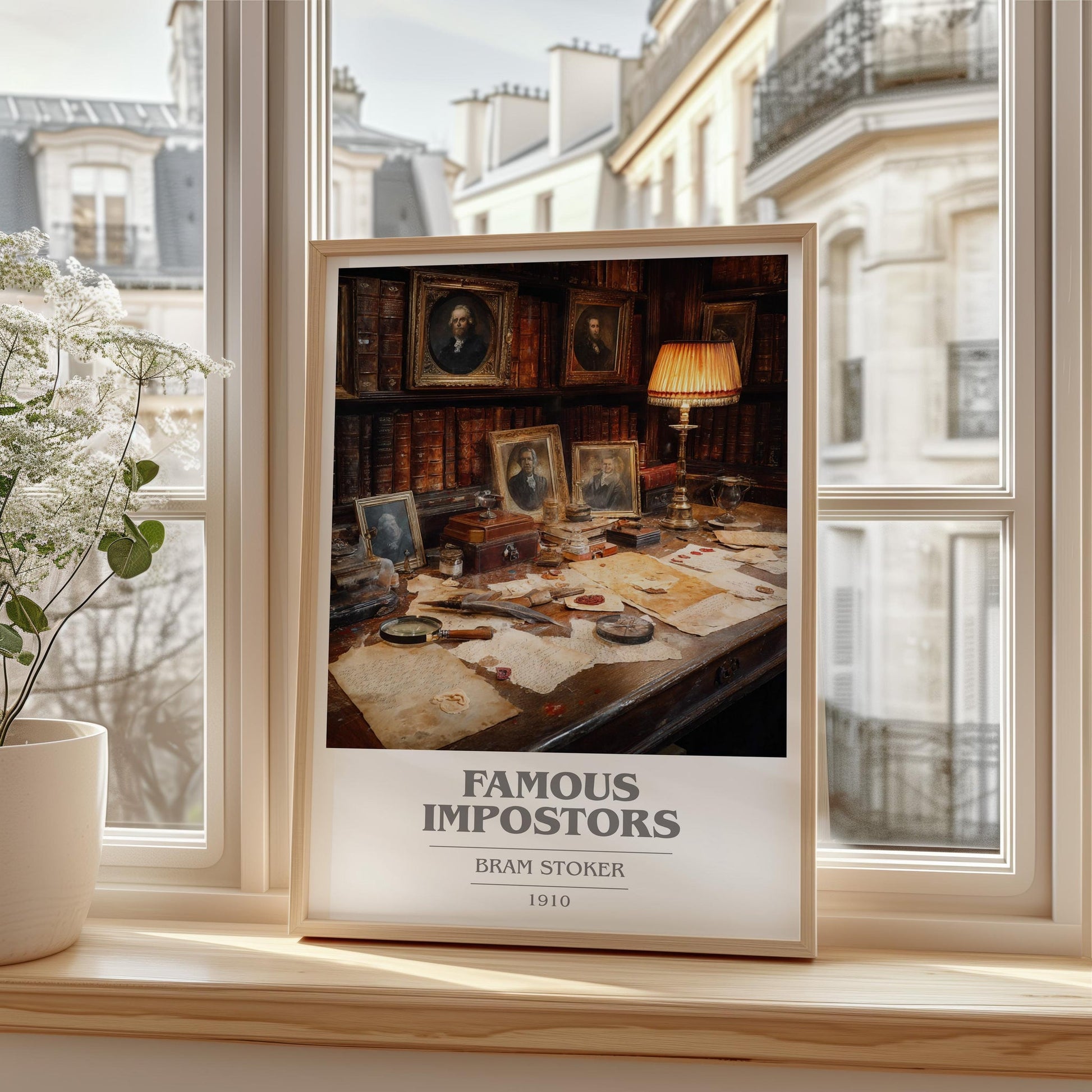 Famous Impostors book cover print framed by window – literary home decor