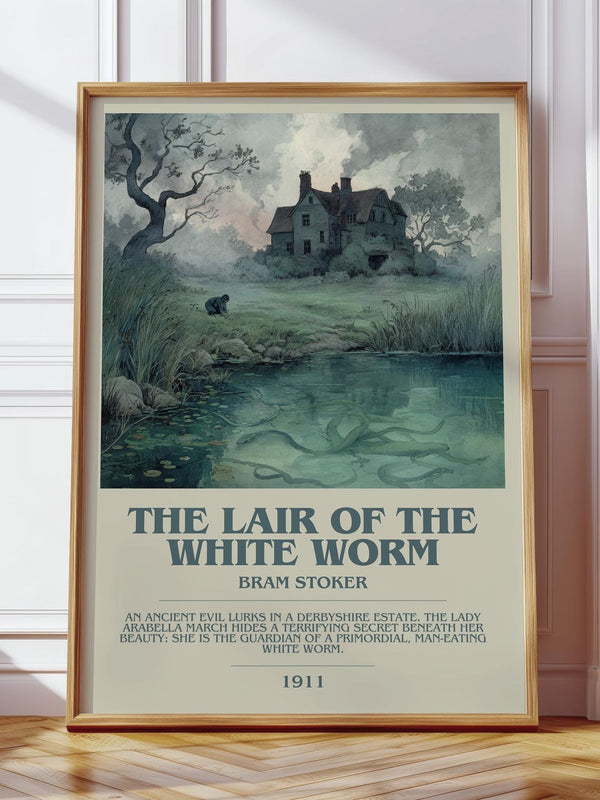 The Lair of the White Worm bookish print in frame leaning in hallway – non fiction wall art