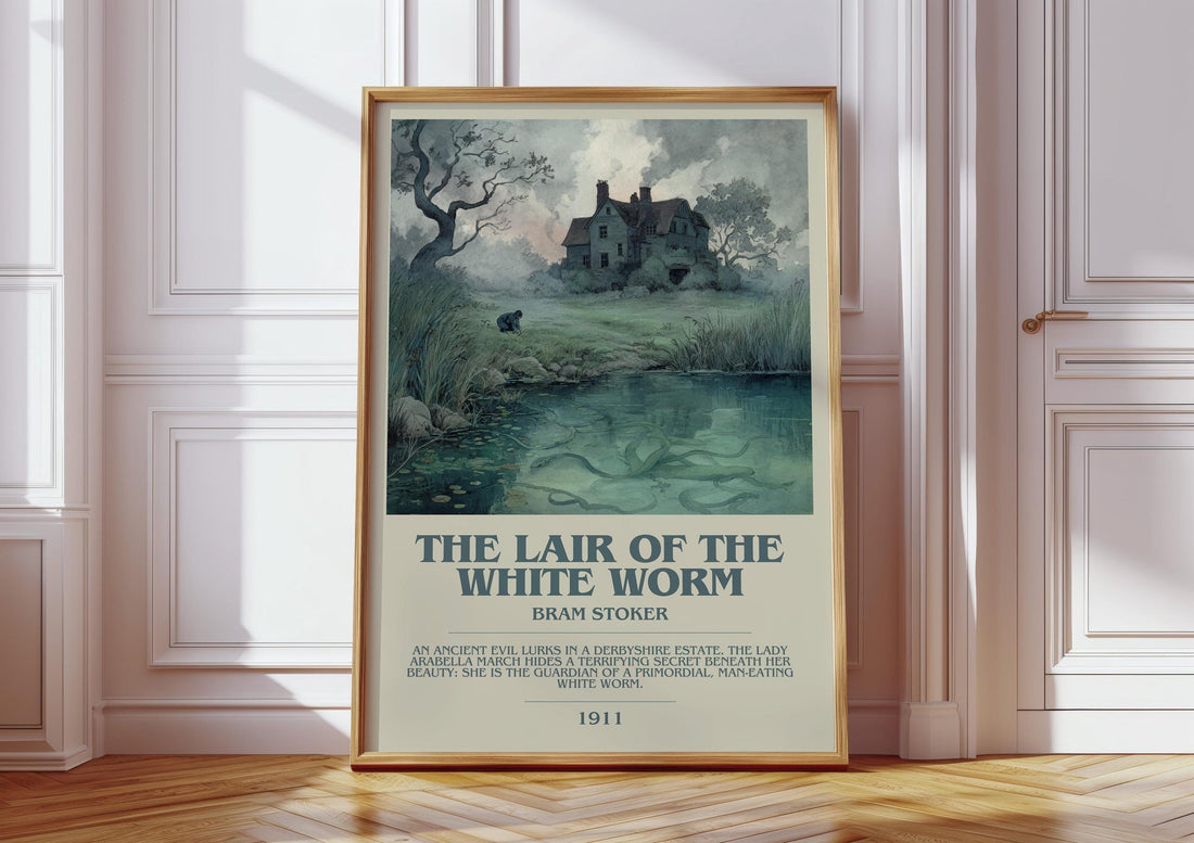 The Lair of the White Worm bookish print in frame leaning in hallway – non fiction wall art (mockup)