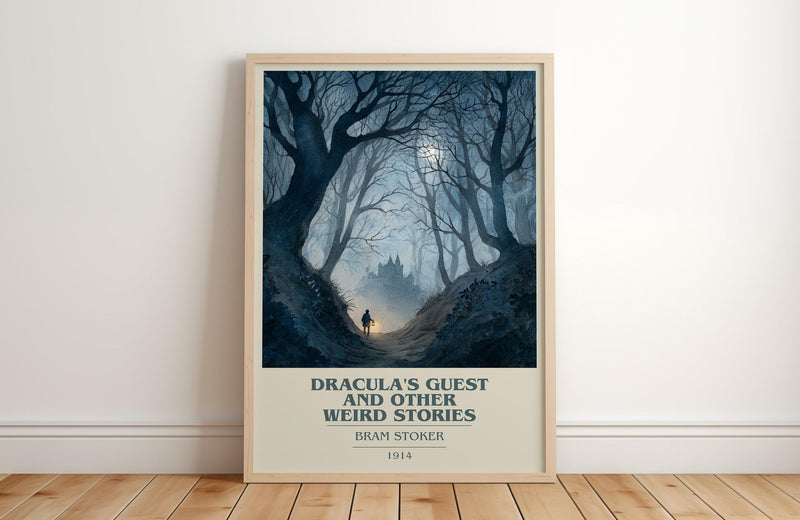Dracula's Guest And Other Weird Stories book cover print in frame leaning in hallway – gothic wall art