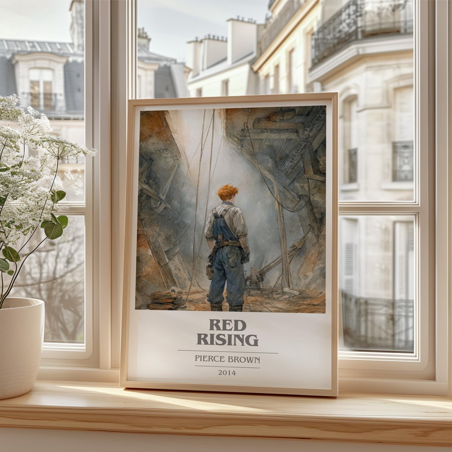 Red Rising book cover print framed by window – literary home decor