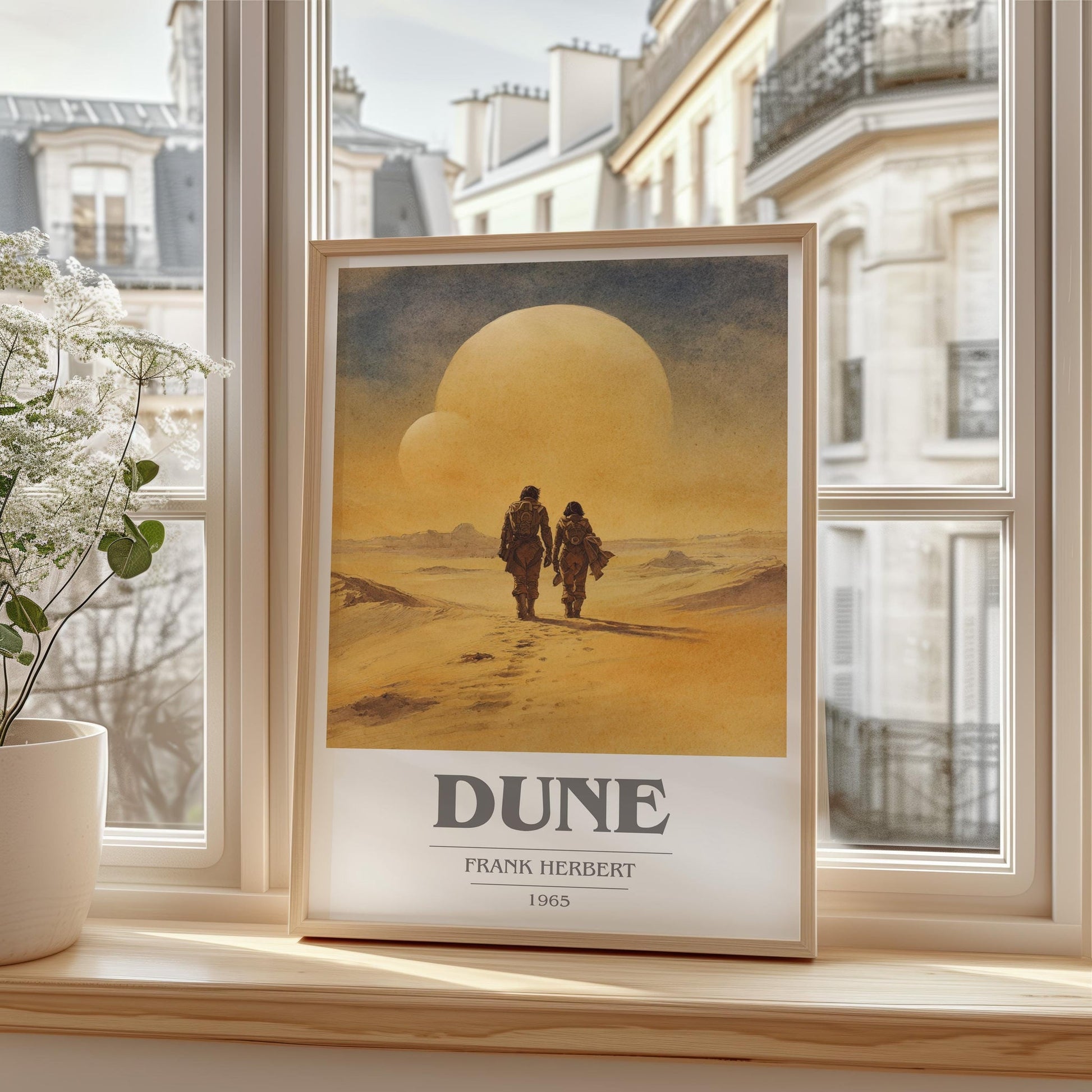 Dune book cover print framed by window – literary home decor