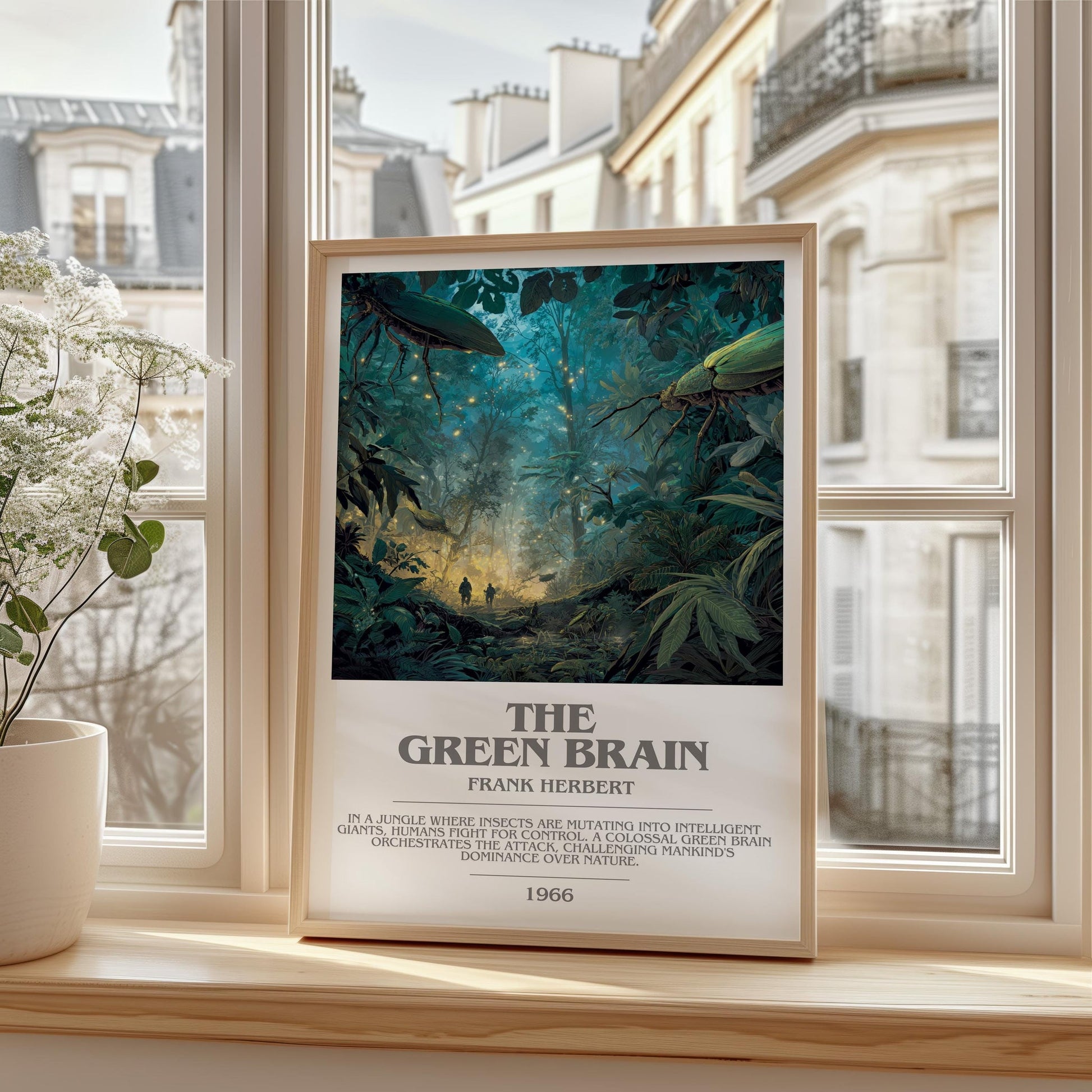 The Green Brain bookish print framed by window – literary home decor