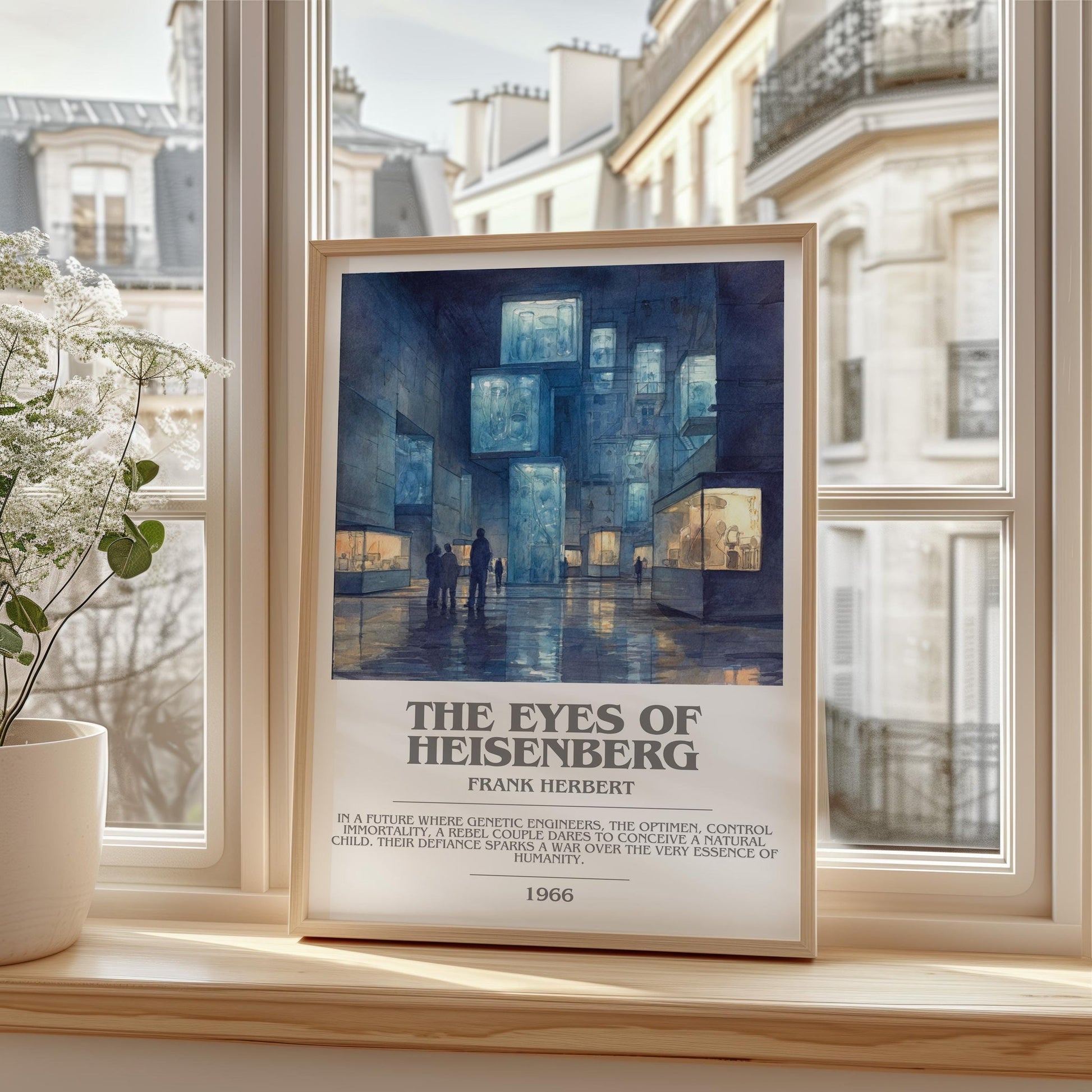 The Eyes of Heisenberg bookish print framed by window – literary home decor