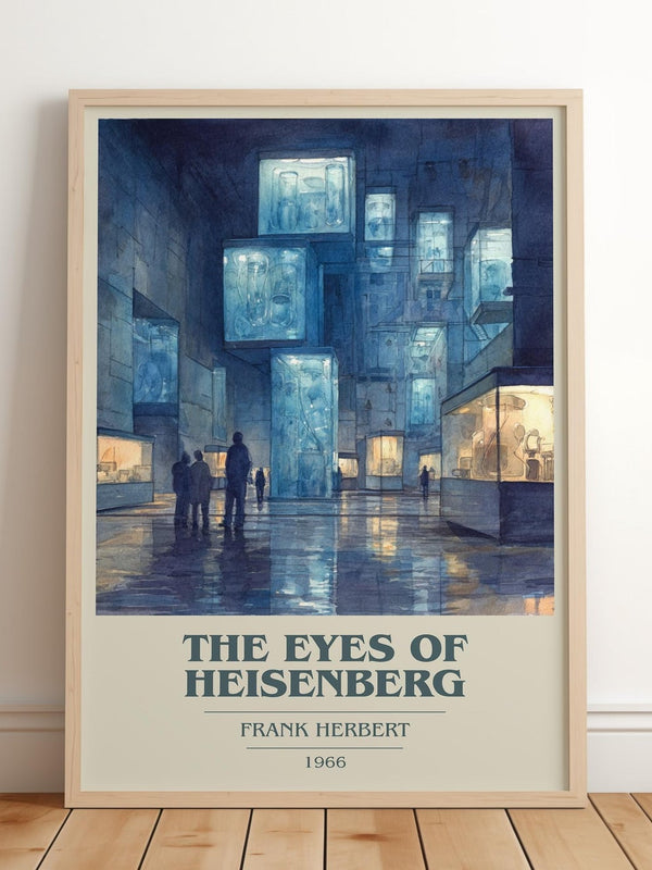 The Eyes of Heisenberg book cover print in frame leaning in hallway – sci fi wall art