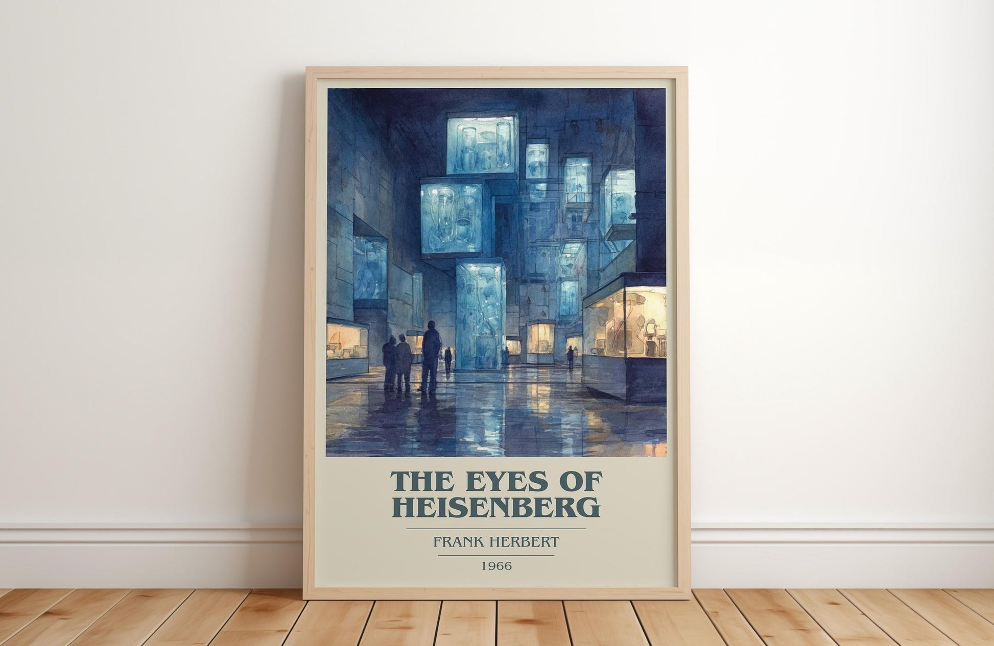 The Eyes of Heisenberg book cover print in frame leaning in hallway – sci fi wall art