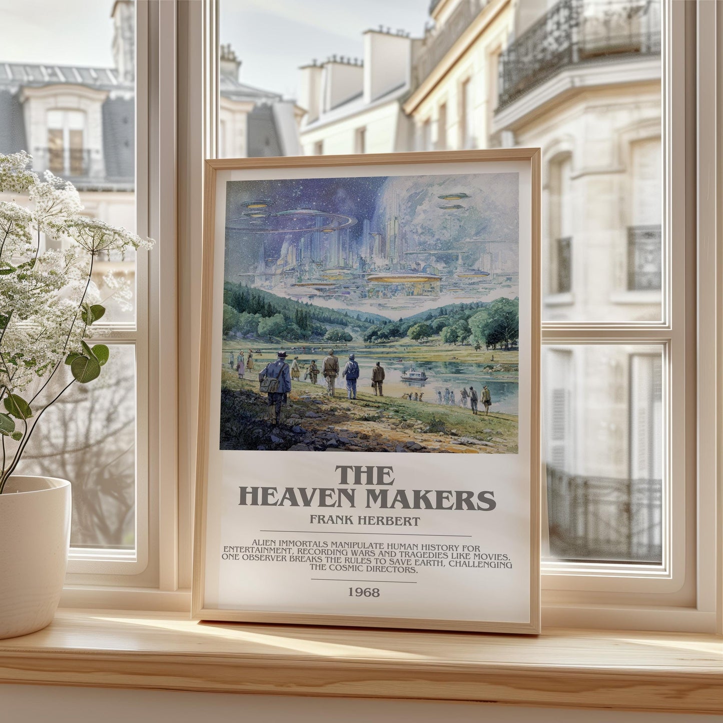 The Heaven Makers bookish print framed by window – literary home decor