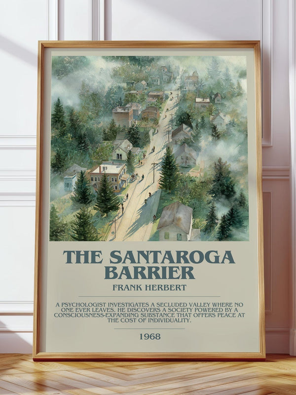 The Santaroga Barrier bookish print in frame leaning in hallway – sci fi wall art