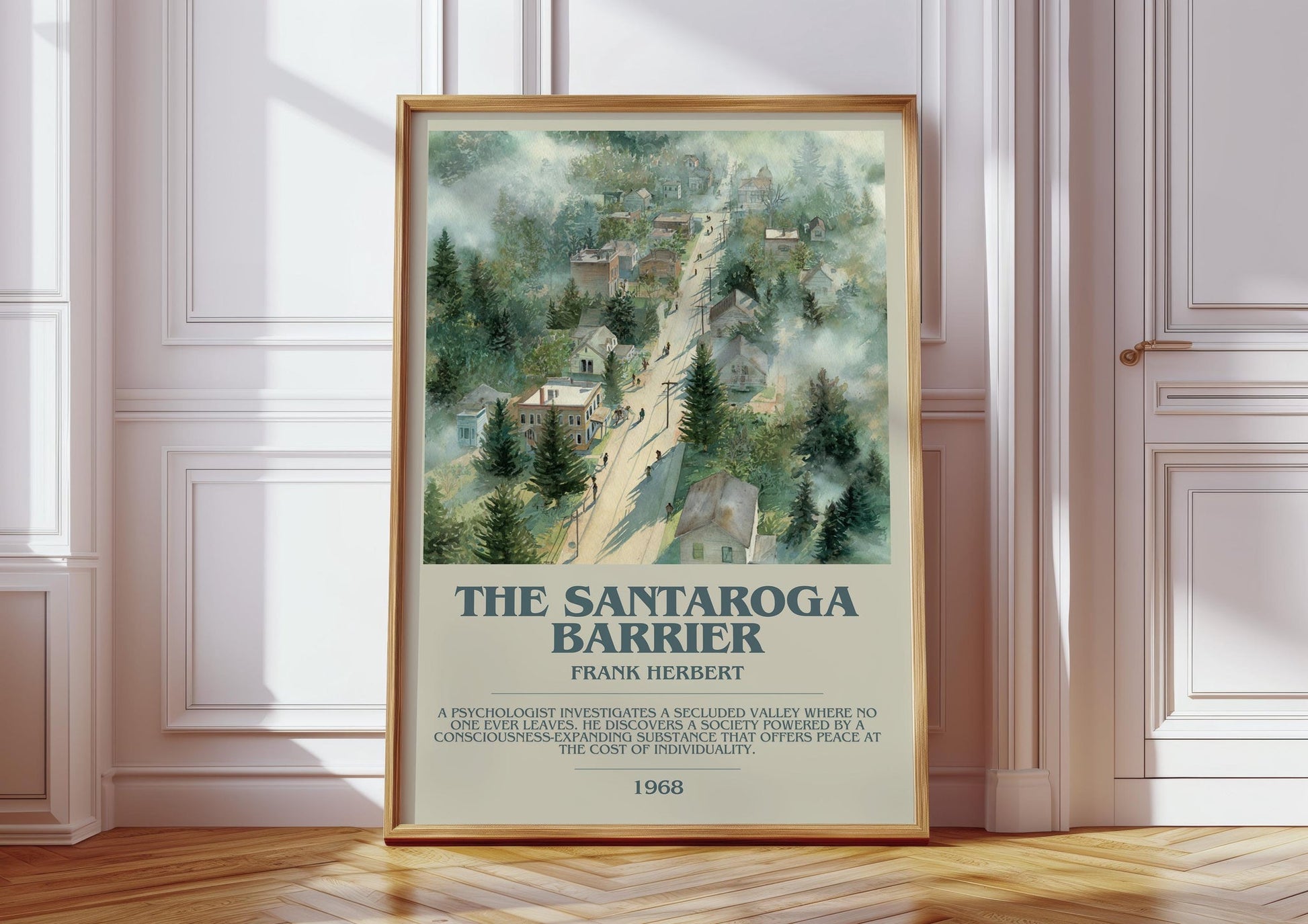 The Santaroga Barrier bookish print in frame leaning in hallway – sci fi wall art