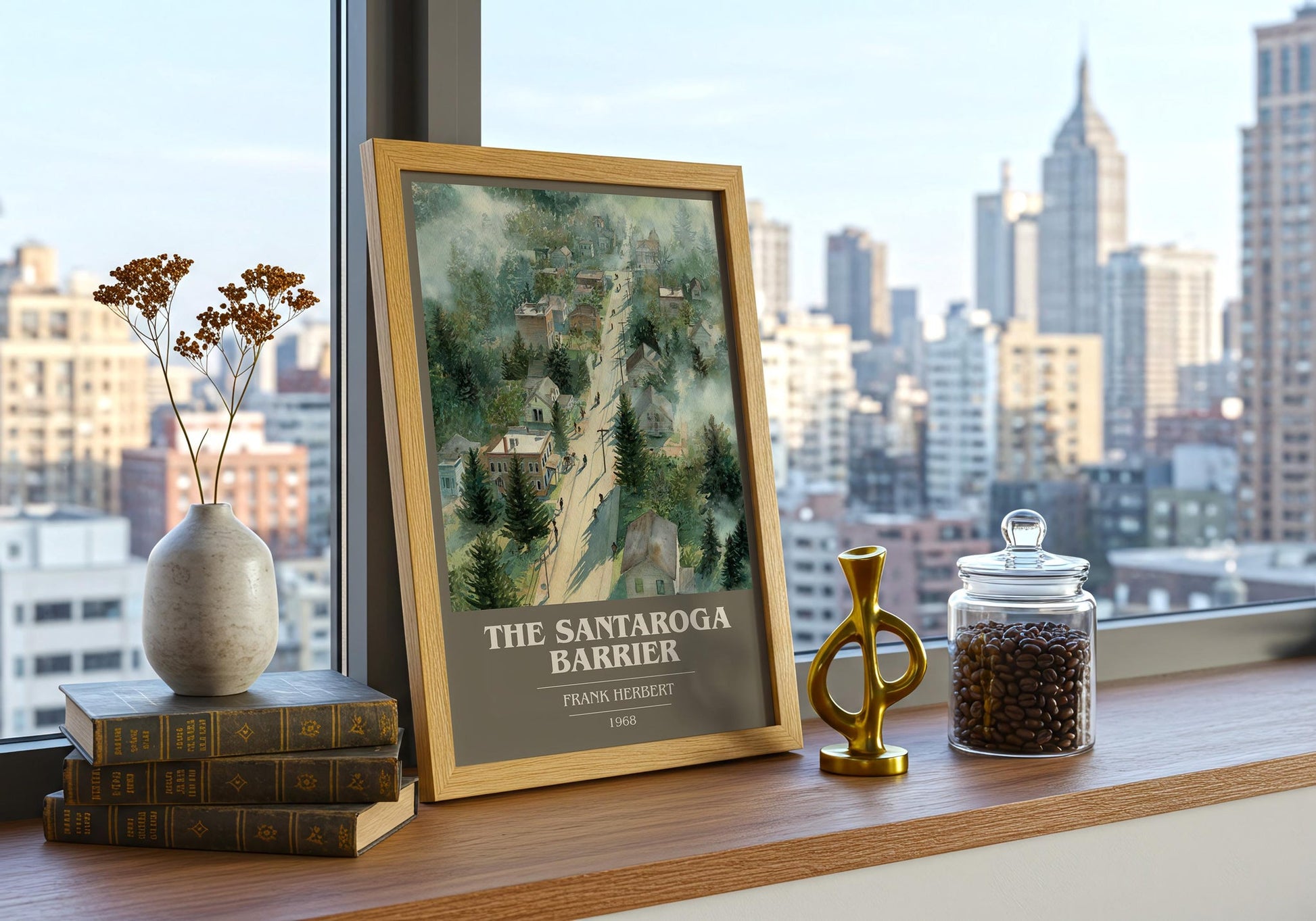 The Santaroga Barrier book cover print framed by window – literary home decor
